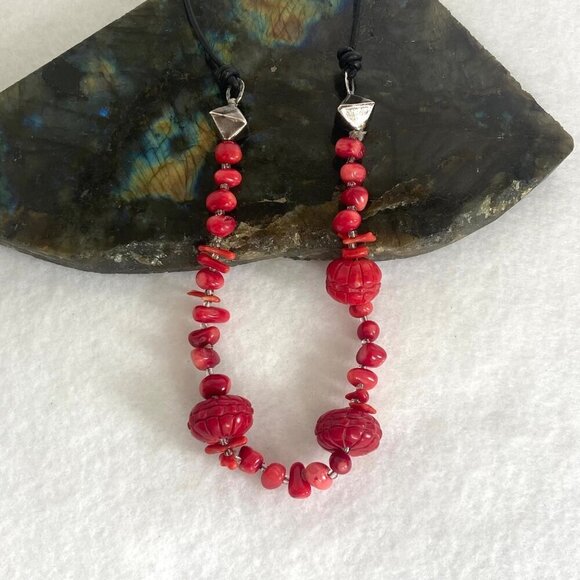 Signed Peyote Bird Sterling Silver 925 Beaded Red Red Coral Necklace 17" - 19" - Picture 2 of 16